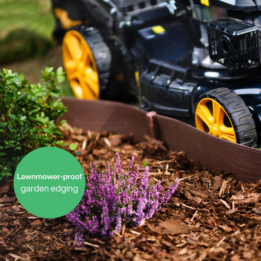 bgreenltd Flexible Lawn Edging 10 m with 20 Securing Pegs - Height 13 cm, Thickness 3 mm - Plastic Grass Border & Flower Bed Garden Edging - Easy to use, UV resistant, Brown with Wooden Design