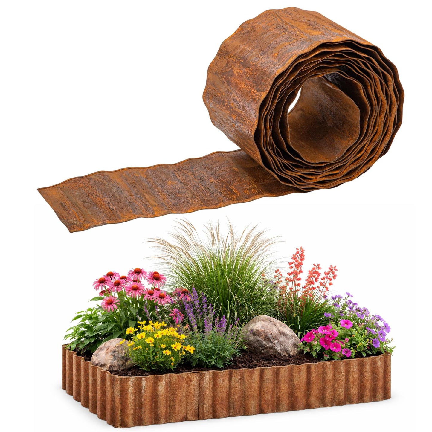 bgreenltd 20ft Metal Lawn Edging Borders, Corrugated Garden Edging Roll, Flexible Landscape Edging for Flower Beds, Vegetable Gardens, Tree Rings & DIY Yard Borders – Rusty Finish (15X60CM)