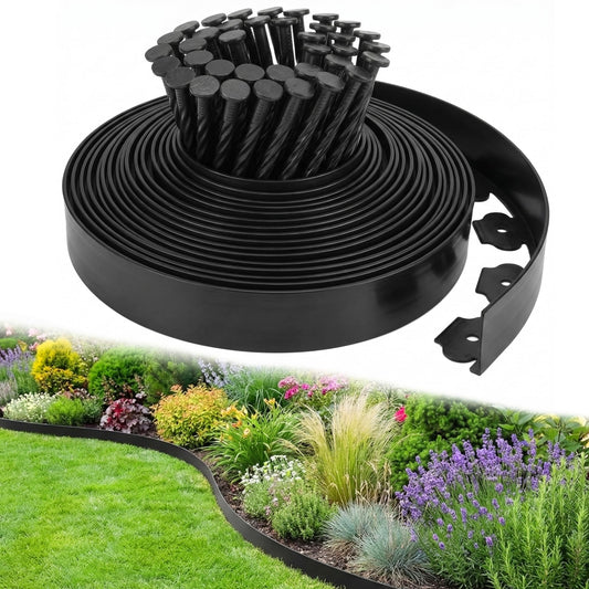 bgreenltd Garden Edging Border, 33FT/10M Black Flexible Plastic Lawn Edging with 30 Reinforced Pegs, 4.6CM High Lawn Edging Border - Easy Dig & Cut Installation for Flowerbeds, Lawns & Pathways