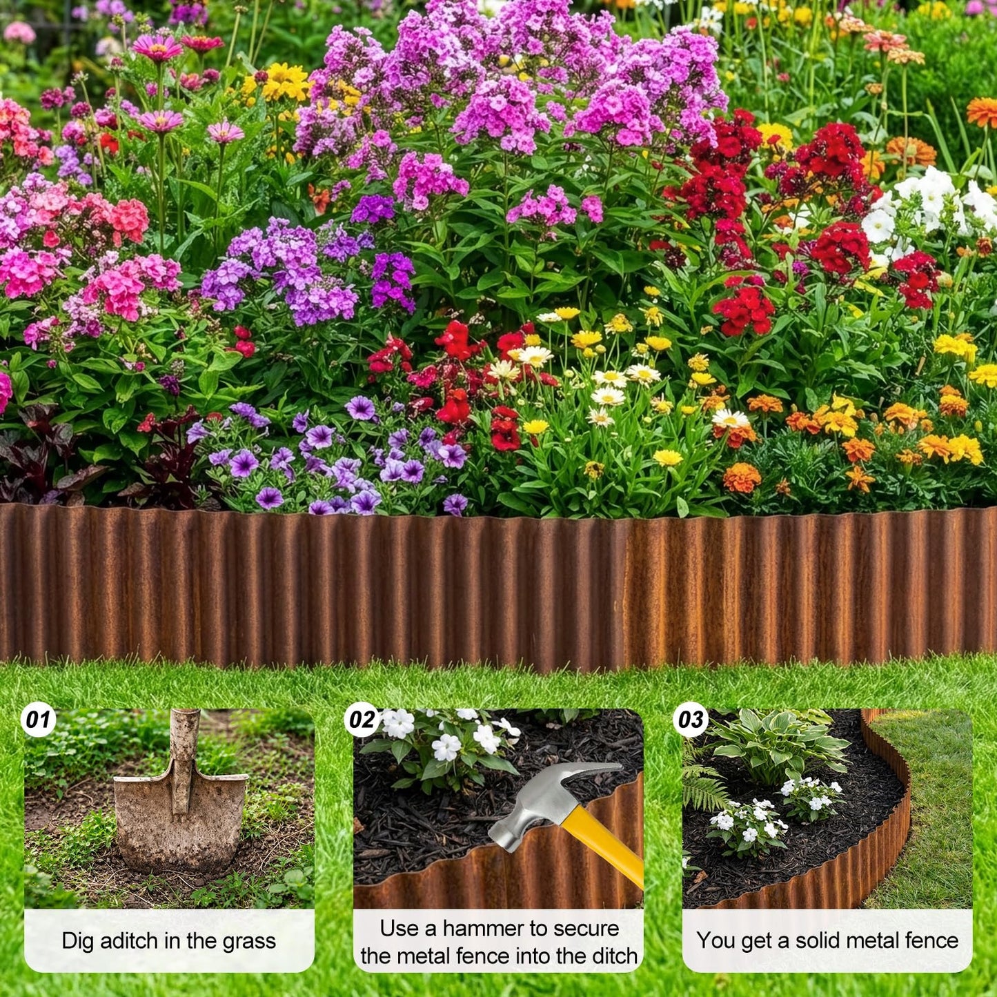 bgreenltd 20ft Metal Lawn Edging Borders, Corrugated Garden Edging Roll, Flexible Landscape Edging for Flower Beds, Vegetable Gardens, Tree Rings & DIY Yard Borders – Rusty Finish (15X60CM)