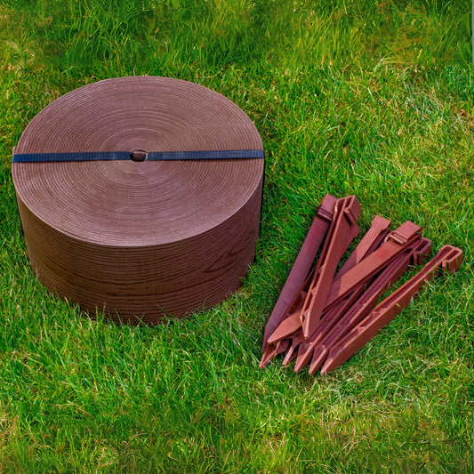 bgreenltd Flexible Lawn Edging 10 m with 20 Securing Pegs - Height 13 cm, Thickness 3 mm - Plastic Grass Border & Flower Bed Garden Edging - Easy to use, UV resistant, Brown with Wooden Design